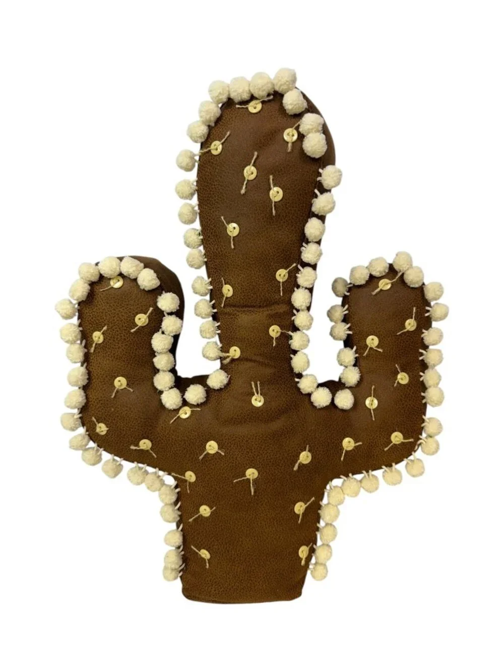 Southwestern Cactus Shaped Pillow Brown Pom Pom Button Rustic Boho 19x14